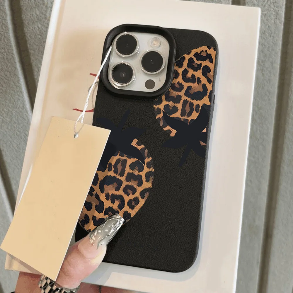 Leopard Print Leather Soft Matte Phone Case with Lichee Pattern