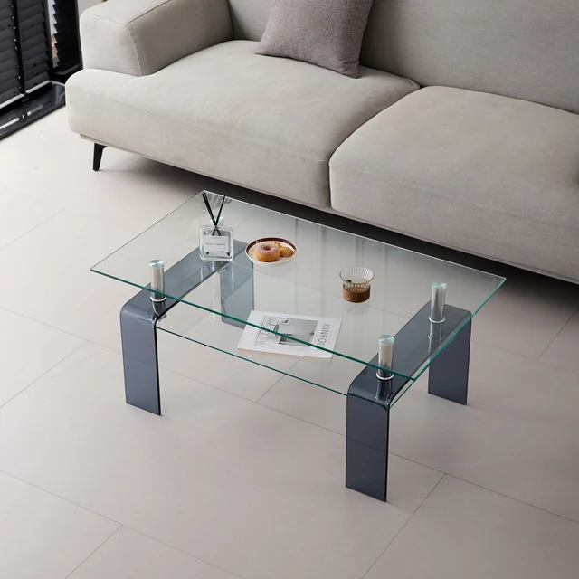 Table basse en verre trempé transparent avec pieds en verre gris pour votre salon. 1