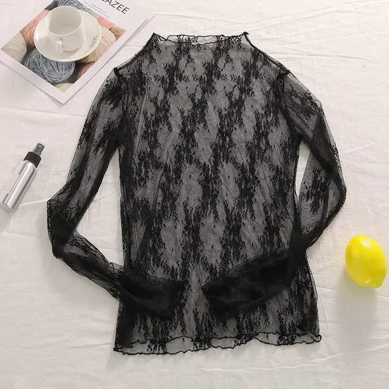 Sexy Lace perspective Floral Embroidery Blouses Shirt Women Tshirt mesh Blouses Transparent Elegant See-through Black tops