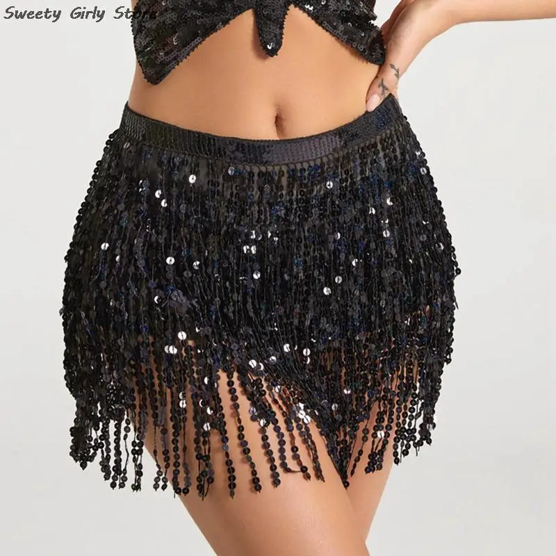 

Latin Dance Practice Dress Sequin Belts Women Belly Dance Skirts Performance Clubwear Chain Tassel Bohemian Hip Waist Scarf