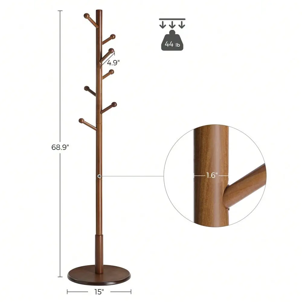 Solid Wood Coat Rack, Free Standing Hall Coat Tree With 7 Hooks, 3 Height Options, For Coats, Hats, Bags, Purses, For Entryway