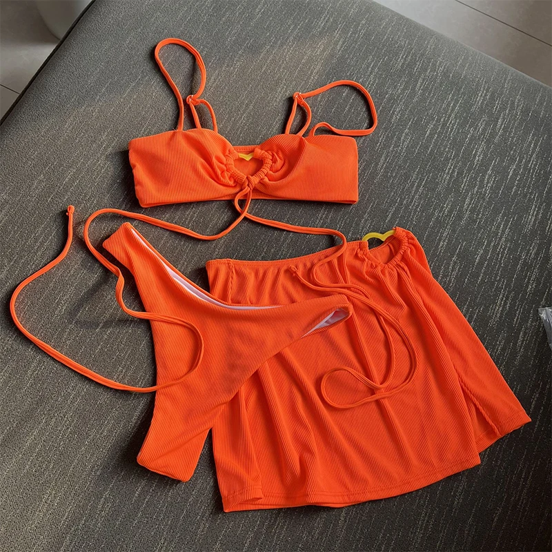 2023 New Sexy Three Pieces Bikini Set Ribbed Swimwear Women Swimsuit Female Bikini and Beach Skirt Bathing Suit Beachwear Bather