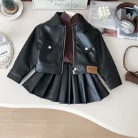 Childrens Clothing Set 2024 Autumn New Girls Leather Jacket Short Skirt Fashion Temperament Two-piece Set