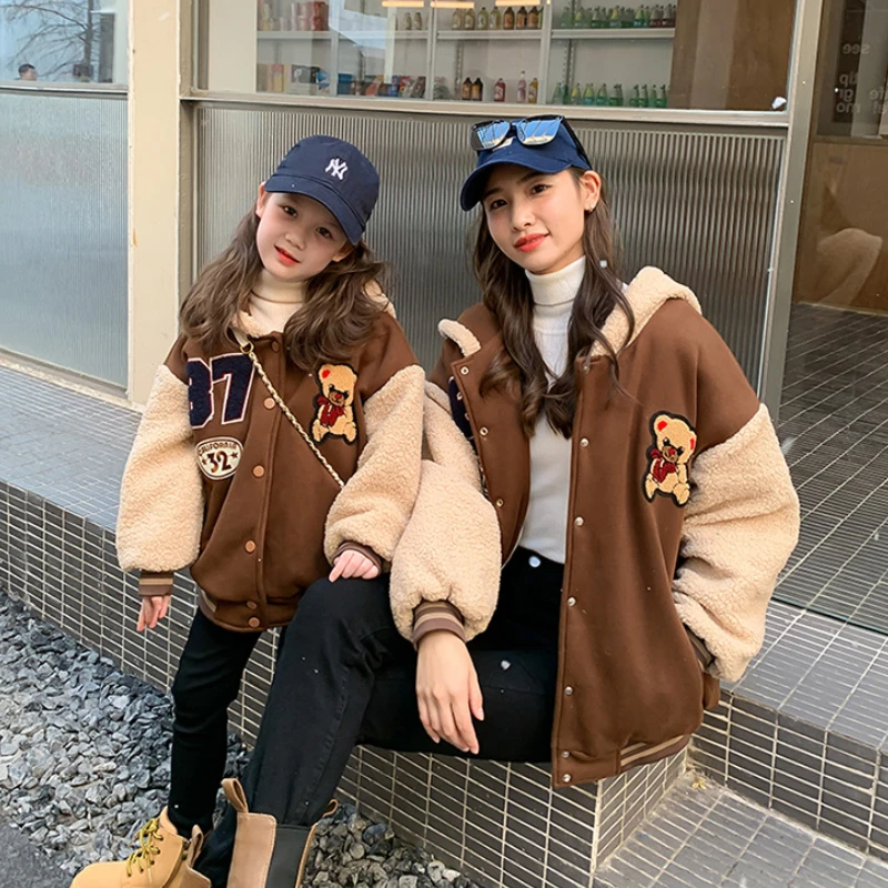 

Mom Son Matching Winter Clothes For Mother And Daughter Equal Warm Bomber Jacket Women Thick Coat Korea Child Girl Boy Outerwear