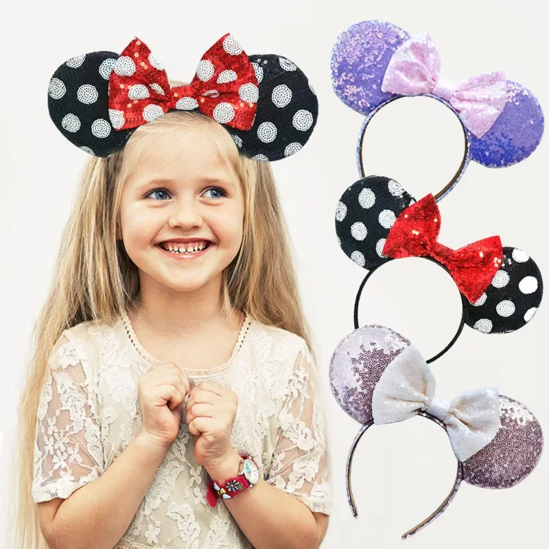 

2024Disney Mickey Minnie Mouse Ears Headhand for Girl Adult Cute Cartoon Party Cosplay Hair Accessories Sequin Bows Hairband Toy