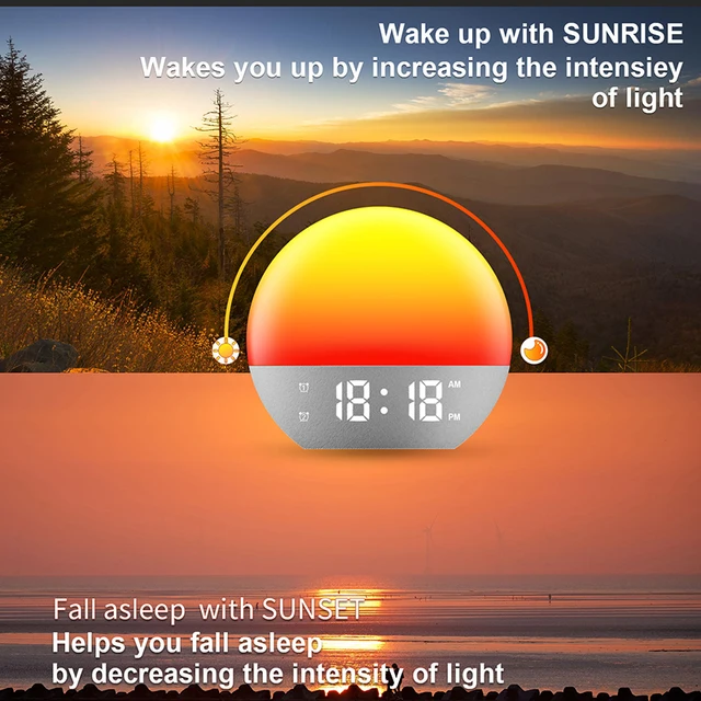 Wake Up Light Alarm Clock Sunrise/Sunset Simulation FM Radio Color Night Light White Noise Machine Bedside Clock for Home Decor 2