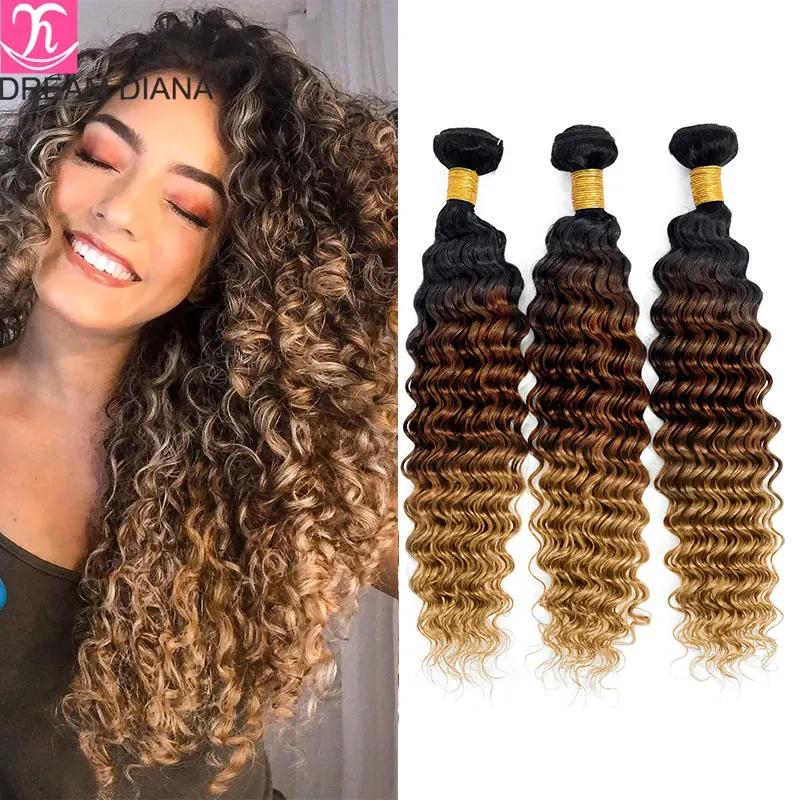 Human Hair Extensions DreamDiana Remy Deep Wave Bundles 3Pcs Ombre Brazilian Deep Curly Bundles Ombre Human Hair Human Hair Extensions 9A