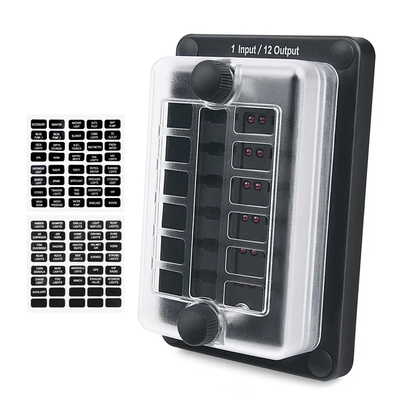MICTUNING Car Fuse Box 1 Input 12 Output Block Holder Distribution Panel Board Waterproof Protection Cover Sticker Labels Tools