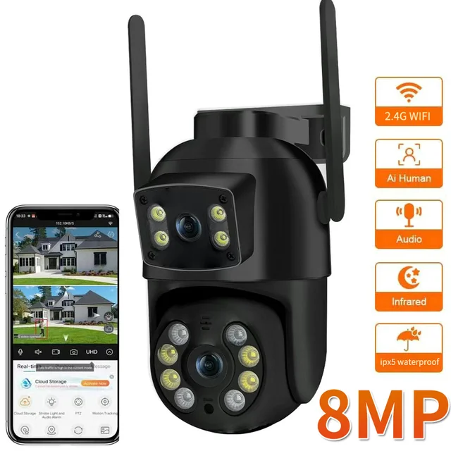 Caméra Wifi PTZ 8MP 4K avec double objectif, double écran, détection humaine AI, caméra IP de sécurité CCTV extérieure sans fil 1