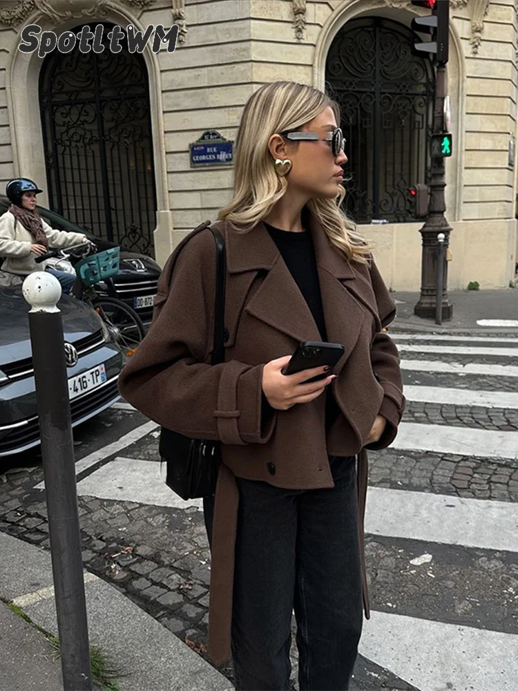 Wool Overcoat Women Long Sleeve Double-breasted Casual Lapel Neck Short Blend Jacket Ladies Stylish Street Outerwear