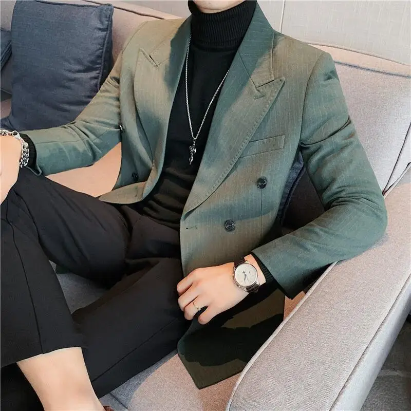 Men Suits Jackets Classic Luxury Striped Men Suit Jacket Fashion Double Breasted Business Office Wedding Tuxedos Male Slim Fit Blazer