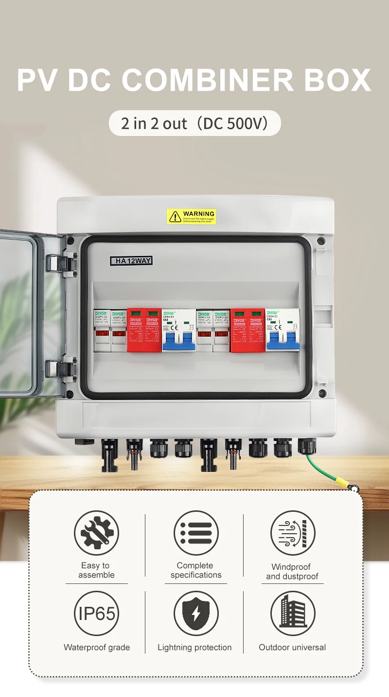 PV Combiner Box DC 500 V 2 Eingänge 2 Ausgänge Solar Photovoltaik mit Überspannung Blitzschutz DC Sicherung MCB SPD wasserdichte Box IP65 – Detail 1