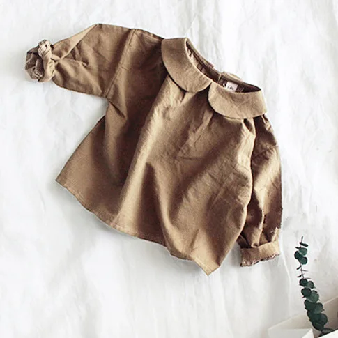 Korean Children's Wear Spring and Autumn Girls Cute Little Literary Style Wrinkled Doll Collar Tied Shirt