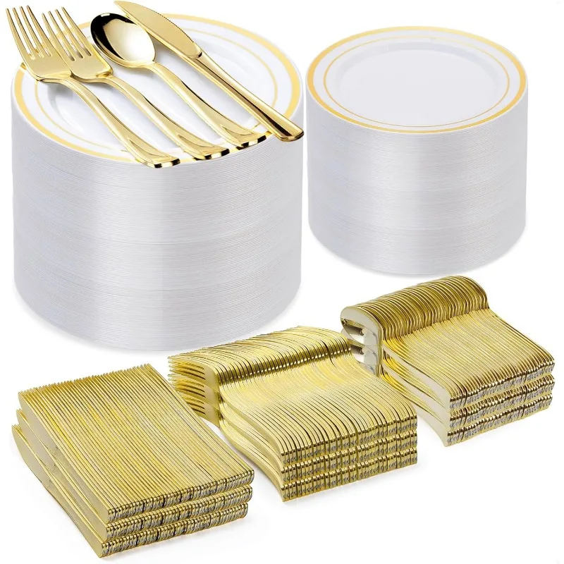 600PCS Plastic Plate Set (100 Guests ) Disposable Dinnerware Set of 200 Plastic Plates, 200 Forks, 100 Spoons, 100 Knives