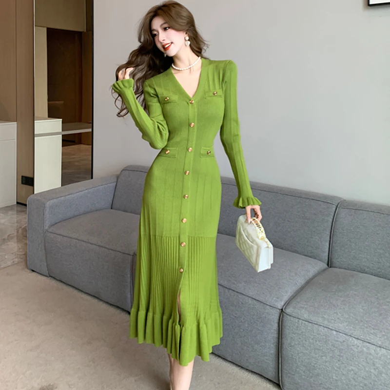 

Autumn Winter Women Fashion Knitted Single Breasted Casual Midi Dress Vintage Bodycon Slim Elegant Ruffles Sweater Party Dress