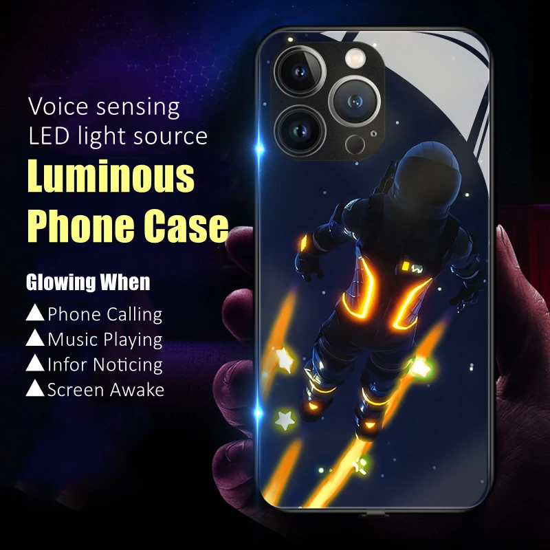 

Space Soldier Voice Sensing LED Light Glowing Tempered Glass Luminous Phone Case Samsung S24 S22 S23 Note10 20 A52 53 Plus Ultra