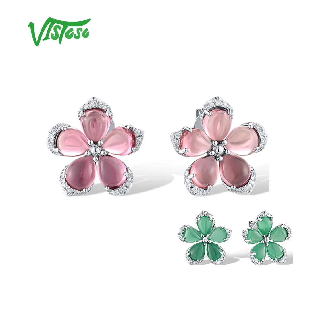 

VISTOSO Pure 14K 585 White Gold Stud Earrings For Women Sparkling Diamonds Pink Tourmaline Emerald Flower Delicate Fine Jewelry