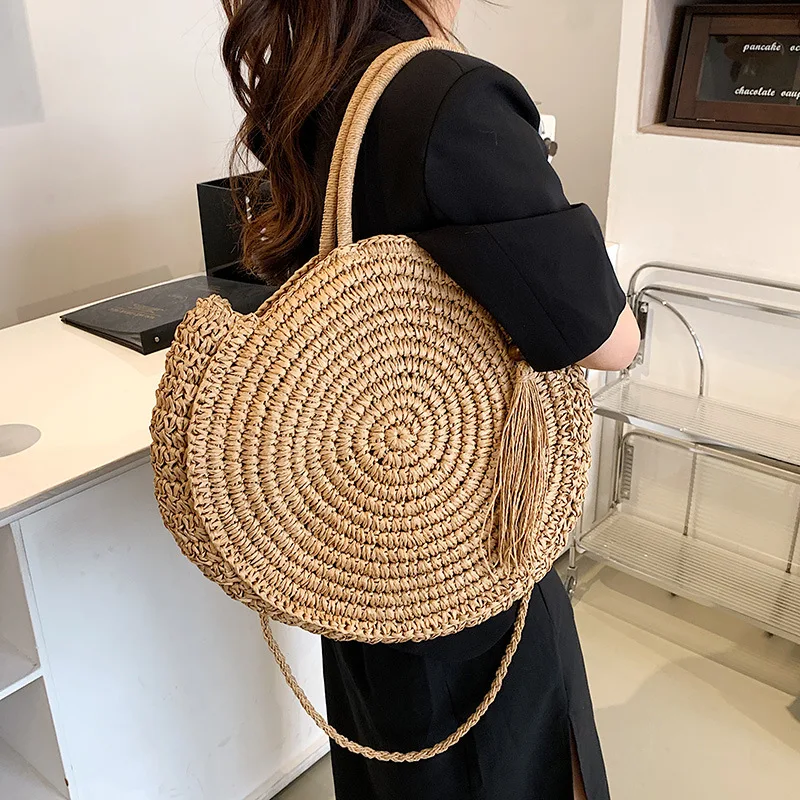 Summer Beach Bag Round Straw Bags for Women Rattan Shoulder Bag