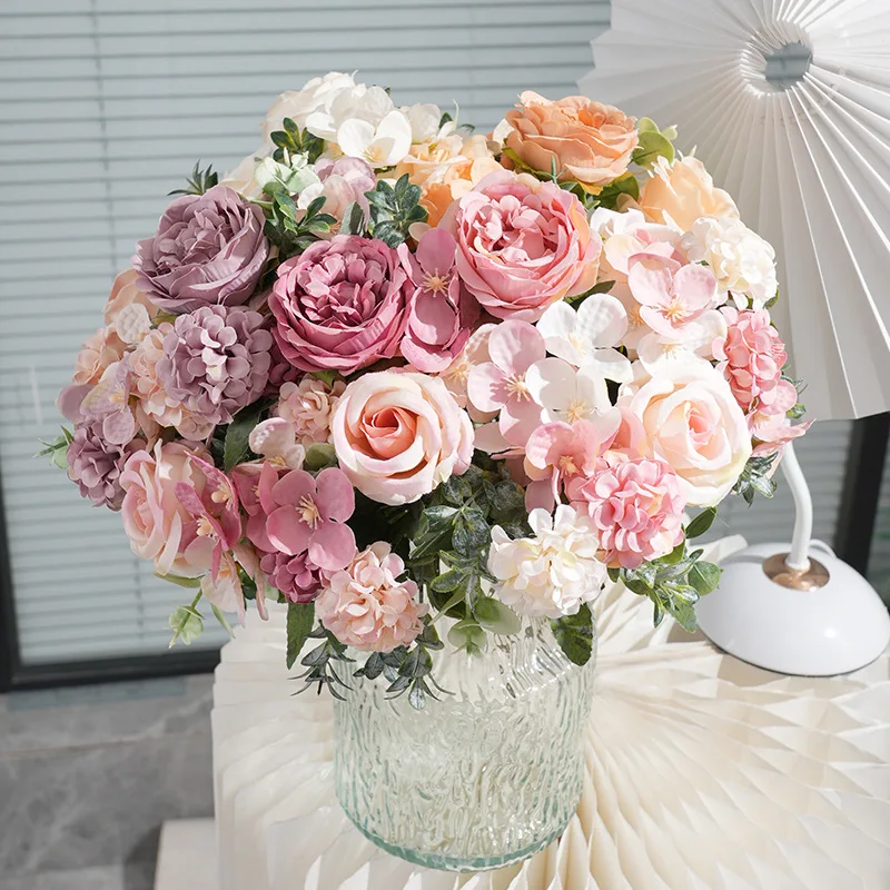 Künstliche Pfingstrose, Hortensien, rosa Rosen, Blumenstrauß, Seidenblumen für Hochzeit, Party, Blumenstrauß, gefälschte Blumenarrangements, Heimdekoration