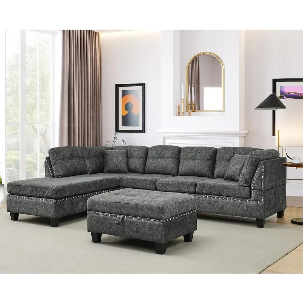 

Room Furniture Sets,Sectional Sofa with Storage Ottoman,L-Shaped 2 Pillows&Extra Wide Reversible Chaise