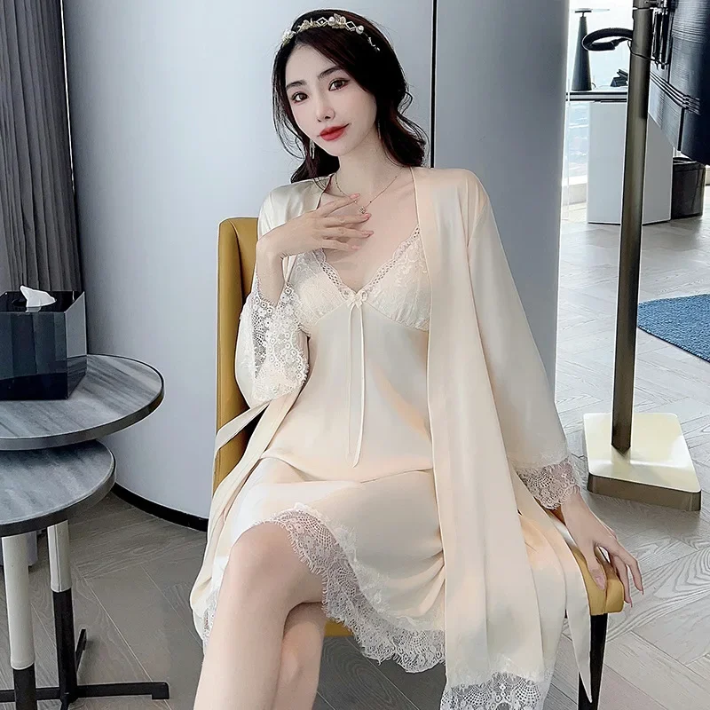 

Sexy Twinset Robe Suit Women Lace Kimono Sleepwear Nightgown Homewear Summer Rayon Bathrobe Gown Set Nightsuits Lingerie