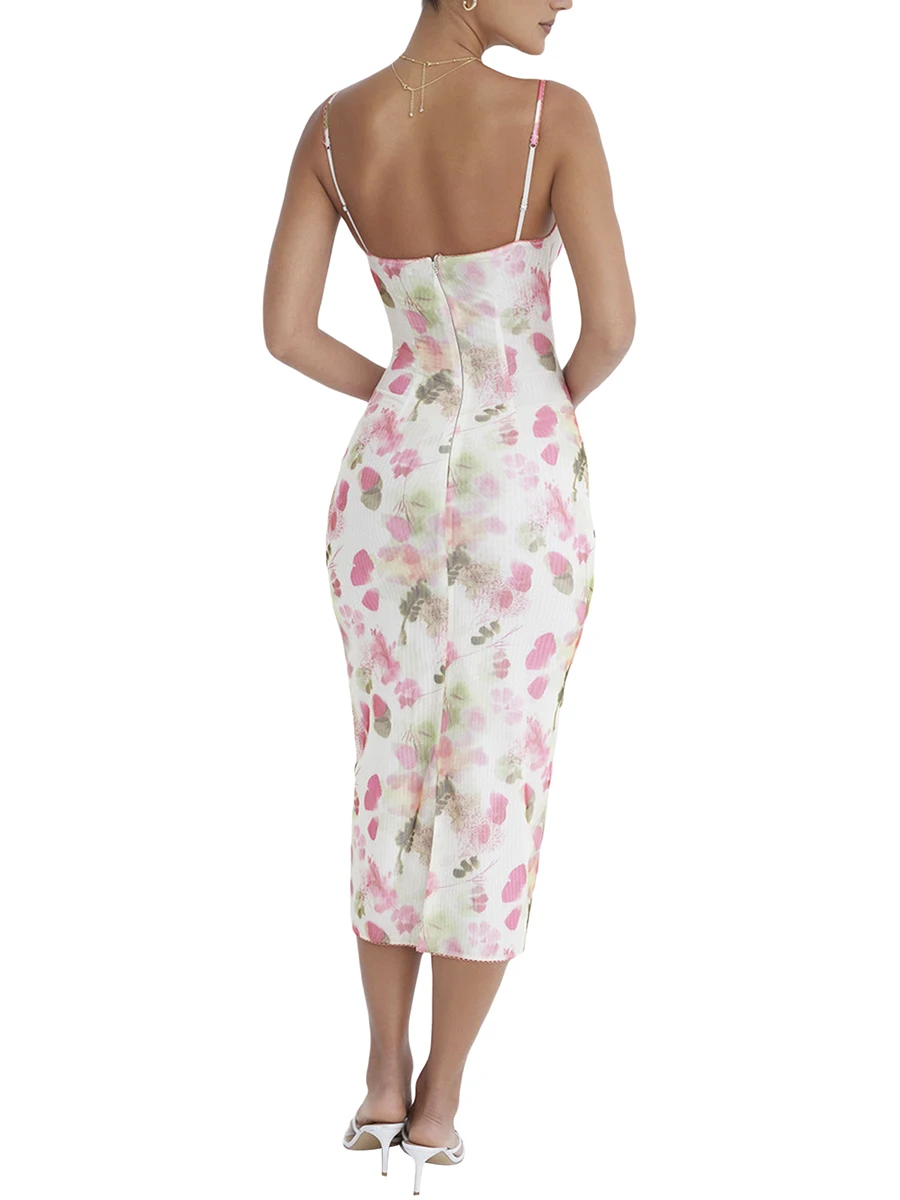 

Women s Spaghetti Straps Midi Dress Sleeveless Halter Deep V Neck Floral Print Bodycon Long Dress Summer Clubwear