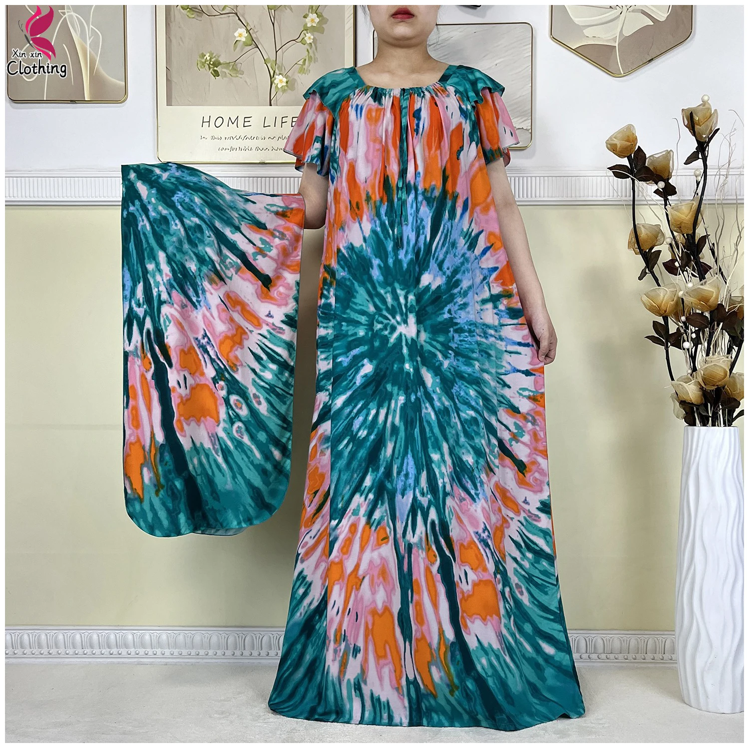 2025 New African Lady Summer Short Sleeve Dresses Boat-Neck Tie-dye Loose Boubou Maxi African Abaya Clothes Islam Women Dress 1