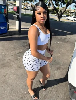 Crop Top 2 Piece Set Women Sleeveless Top & Shorts Summer Moon Printed Sports Club Party Streetwear Outfit 1