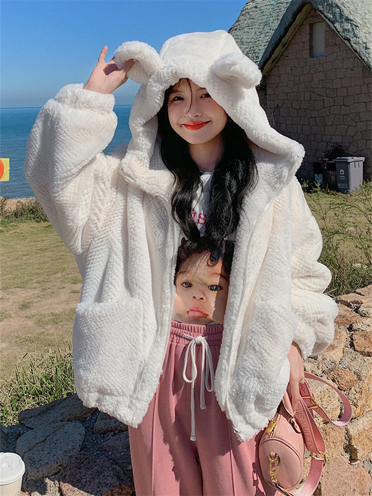 

Bear Ear Faux Fur Plush Short Coat for Women 2022 Winter Elegant Korean Style Kawaii Casual Loose Thick Warm Jacket Parka 2856
