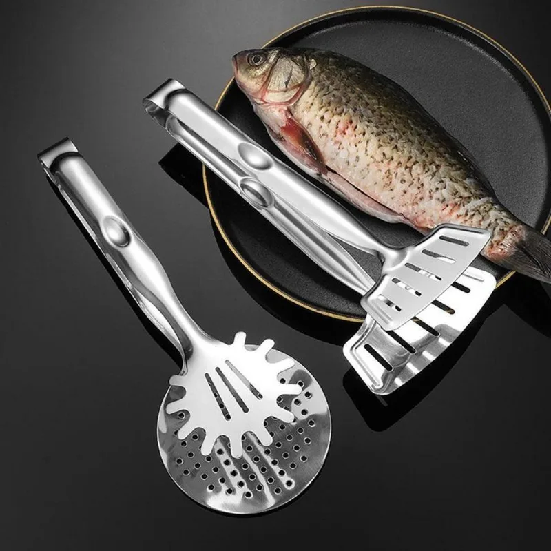 Food Clamp Spatula Tongs Stainless Steel Multi-Function Slotted Double Clip for Bread Egg Steak Grill Durable Cooking Tools