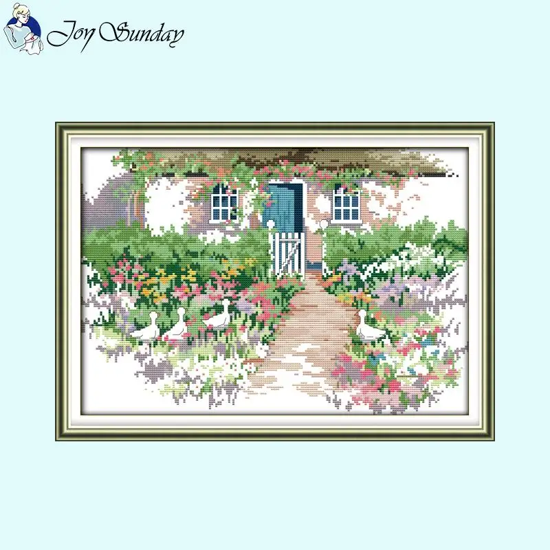 Flower House Landscape Cross Stitch Kits Aida 14CT 16CT 11CT White Canvas Fabric DMC Thread DIY Hand Embroidery Set Home Decor