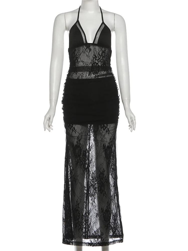 Nibber Midnight Backless Dress Woman Mesh Patchwork Lace-Up Halter Sleeveless Robe Club Party Sexy Fashion Coquette Vestidos