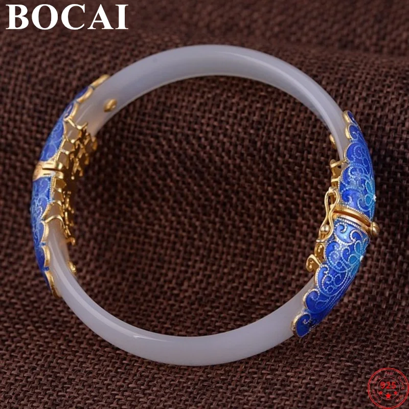 

BOCAI 100% S925 Sterling Silver Bracelets Enamel Thai Silver Cloisonne White Chalcedony Pure Argentum Women's Gemstone Bangle