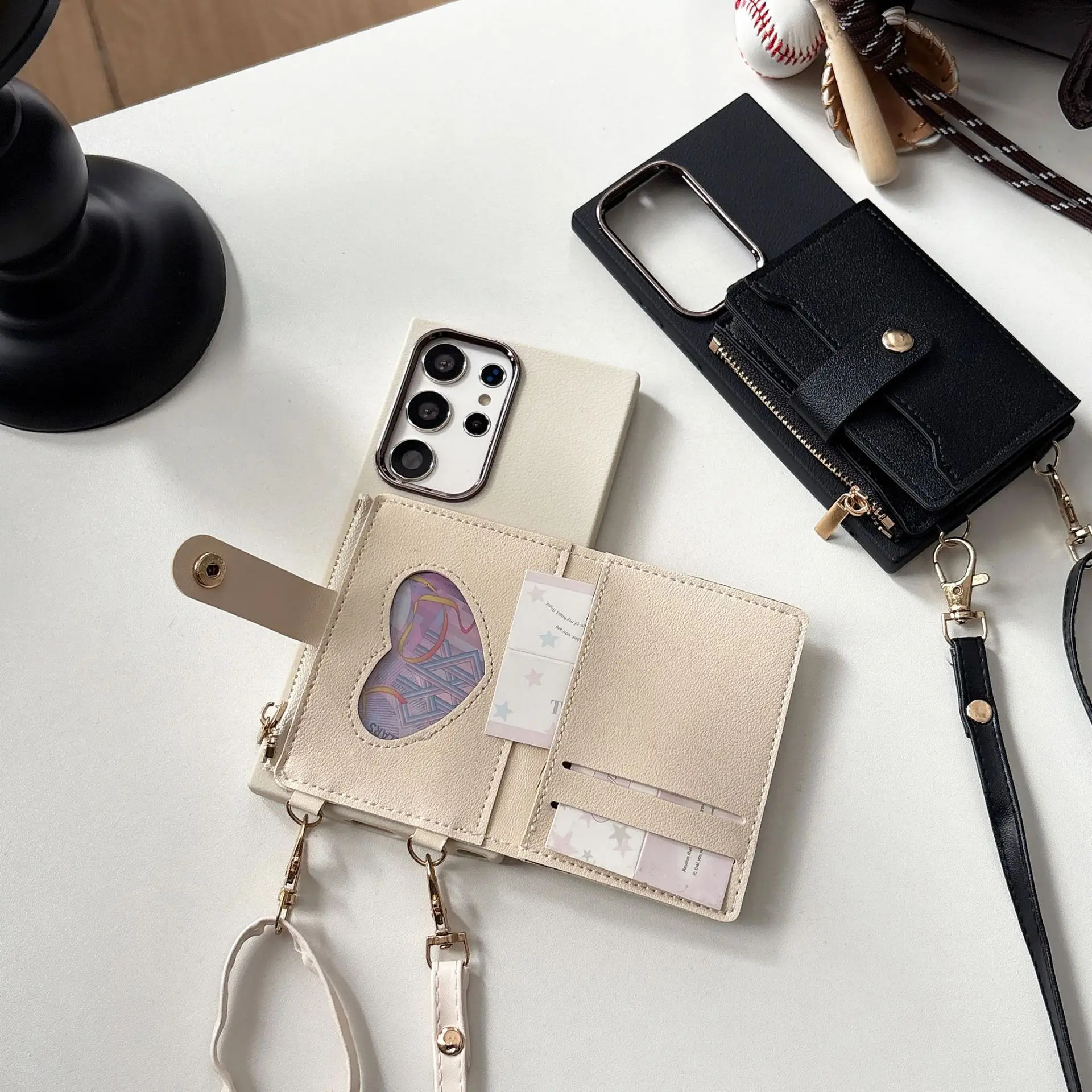 Leather Crossbody Wallet Lanyard with Card Slots and Zipper Bag Cover