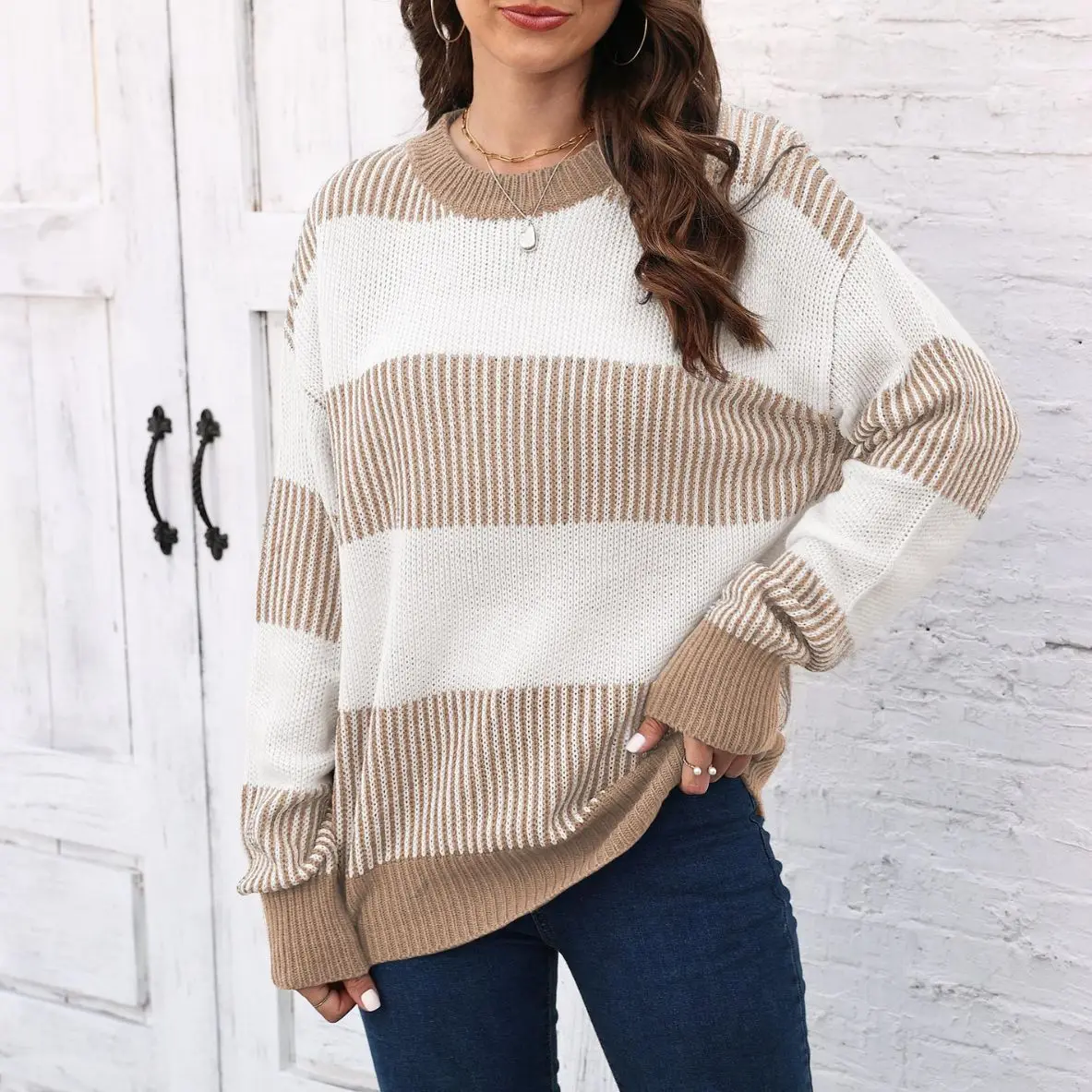 Women Autumn Winter Striped Knitted Sweater Pullover