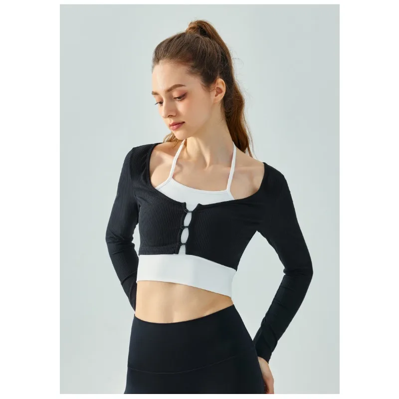 

Colored Hanging Neck Fake Two Piece Yoga Suit Long Sleeved Women's Half Fixed Cup Front Chest Button Sports Fitness Suit 2023