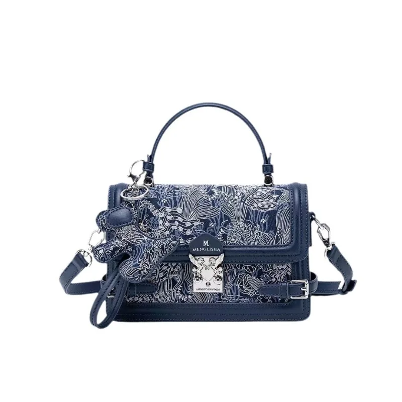 

Genuine Leather Women Handbags Shoulder Bags Luxury Design High Quality Klein Blue Embroidery Female Crossbody Totes Lady Purses
