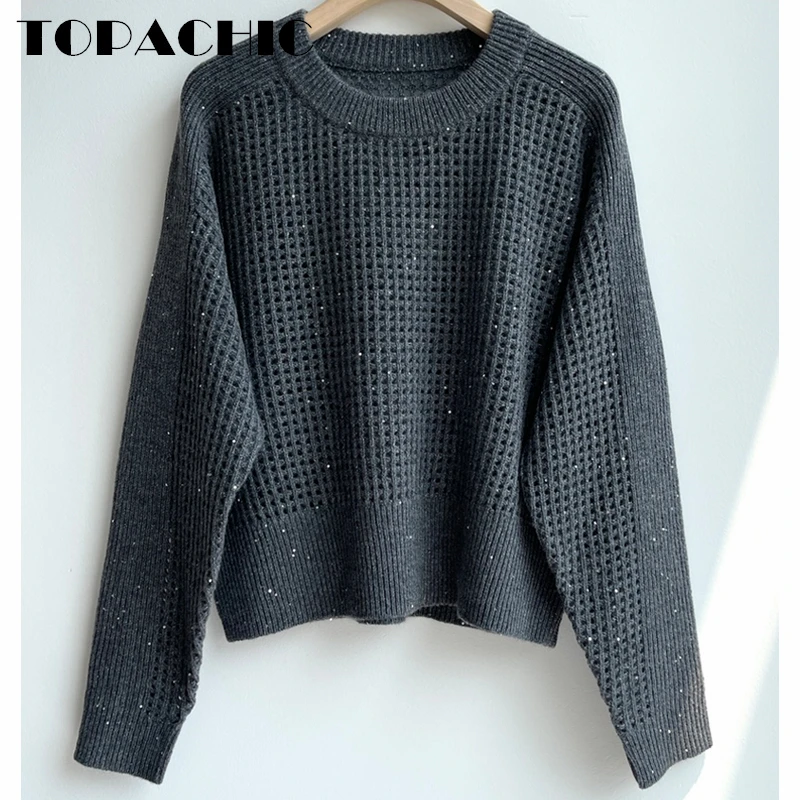 

10.17 TOPACHIC Women's Sweater Cashmere Hollow Out Sequins Long Sleeve Knitted Short Pullover