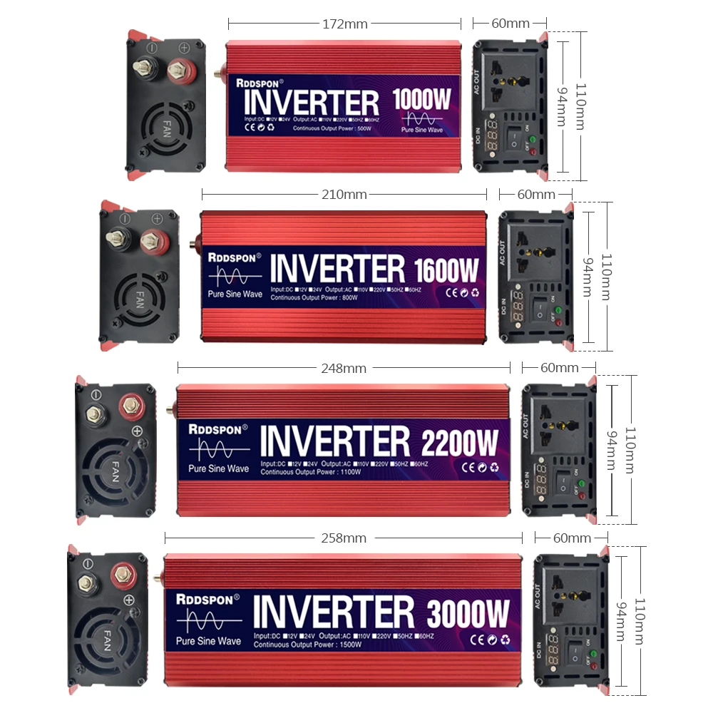 Description Picture 2 of itemPower Inverter Pure Sine Wave 3000W 2200W 1600W 1000W Portable Solar Inverter DC 12/24v to AC 220v Converter for Car Transformer