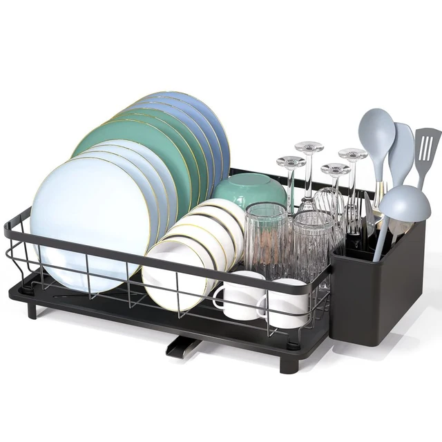 LIONONLY 2 Tier Dish Drying Rack Multifunctional Dish Rack for Kitchen Counter, Stainless Steel Large Capacity Dish Drainer with Drainboard, Utensil Holder