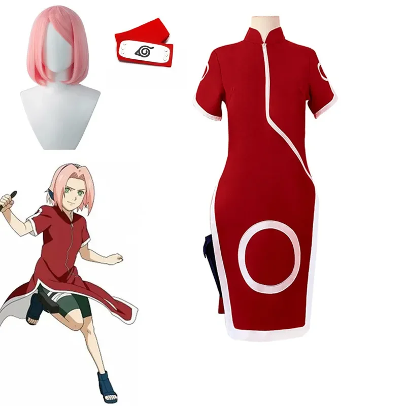 

Japan Anime Haruno Sakura Cosplay Costume Pink Wig Cheongsam For Girls Red Party Short Sleeves Dress Sets