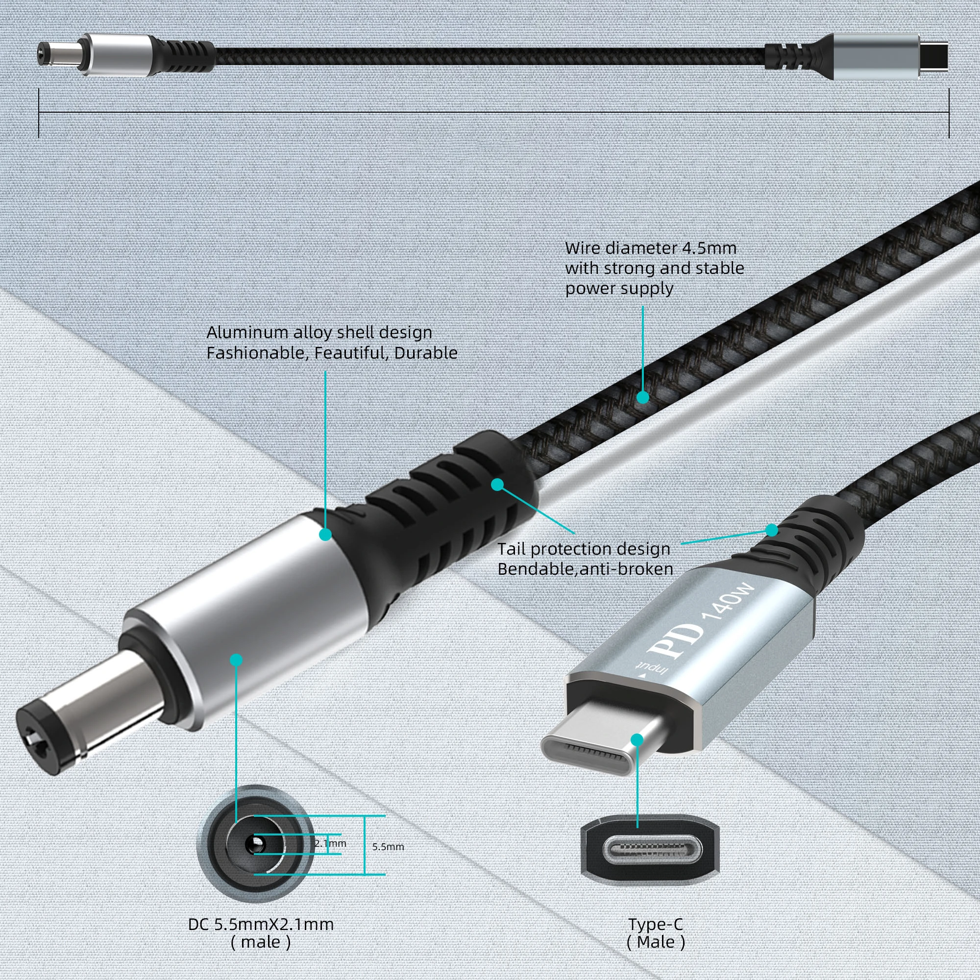 Universal USB-C to DC Power Cord with Aluminum Alloy Design, 5.5mm x 2.1mm Connector