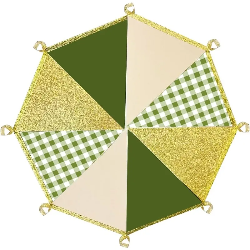 Sage Green Gold Plaid Pennant Banner - Festive Paper Triangle Bunting