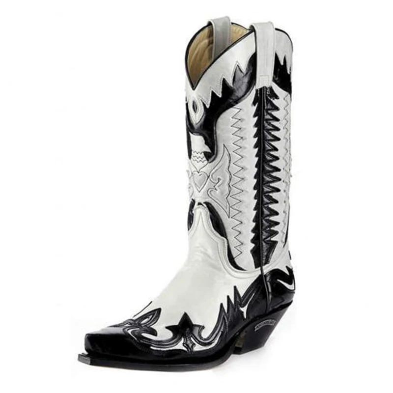 Mannen Western Cowboy Laarzen Mannetjes Puntschoen Outdoor Mid-Kalf Handgemaakte Retro Schoenen Zwart Witte Laarzen Voor Mannen zapatos De Hombre