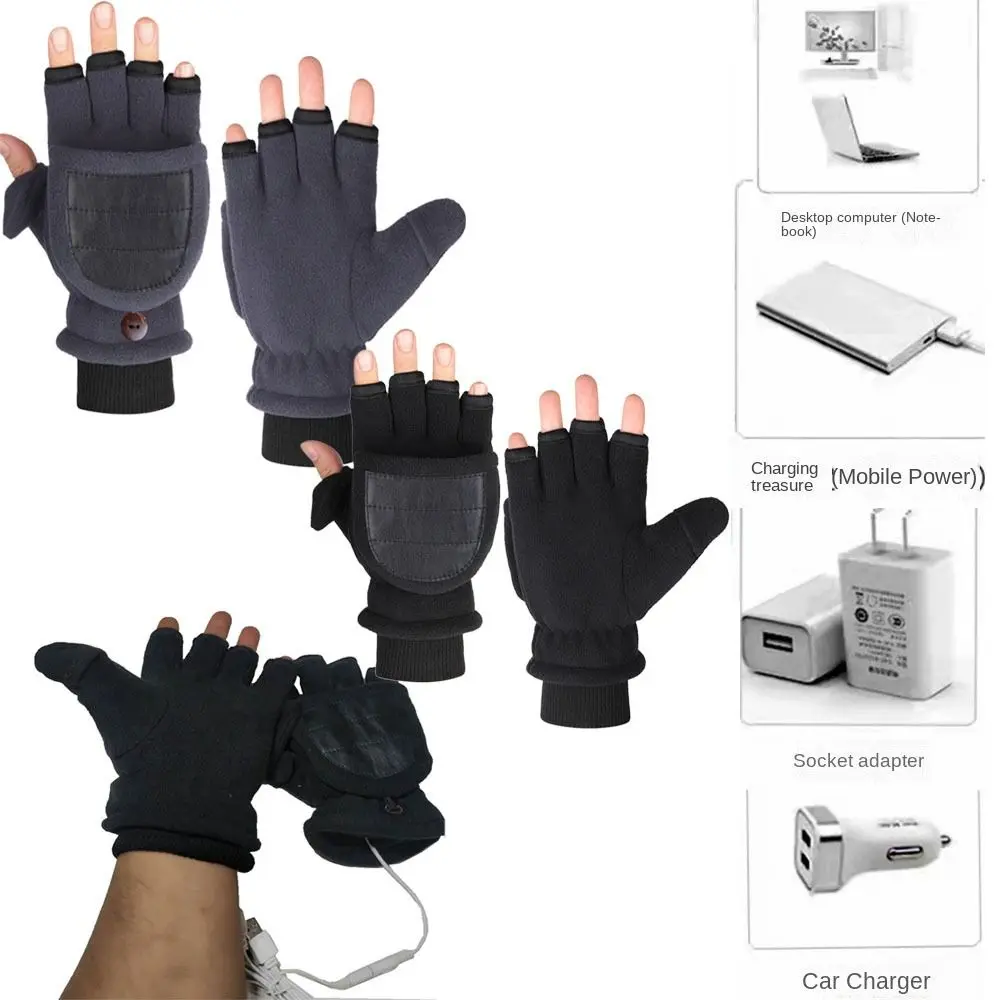 

Work Office USB Heated Mitten Thermostatic Fleece Gloves Electric Heating Gloves Winter Glove Half Finger Flip Glove