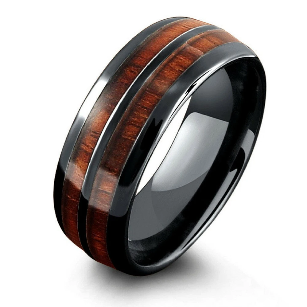 Wedding Rings 8mm Koa Wood Inlay Titanium Wedding Ring For Men Women Dome Polished Stainless Steel Engagement Ring Wedding Band
