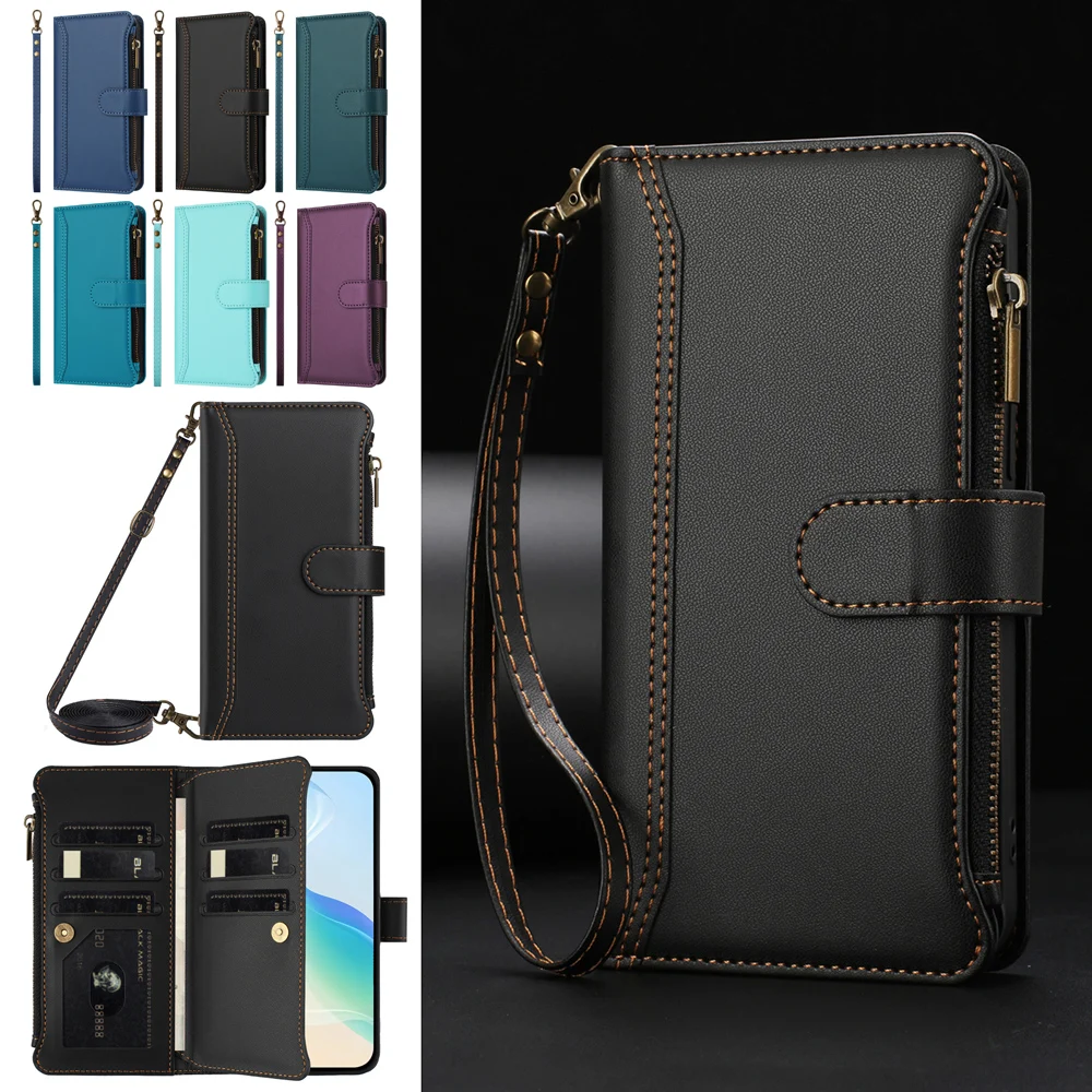 Leather Crossbody Card Wallet Phone Cover with Wrist Strap