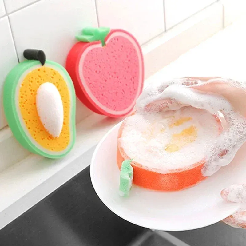  Cute Fruit Shape Thickened Sponge Dishwashing Wipe Washcloth Kitchen Household Pot Brush Dish Sponge Kitchen Cleaning Tools 