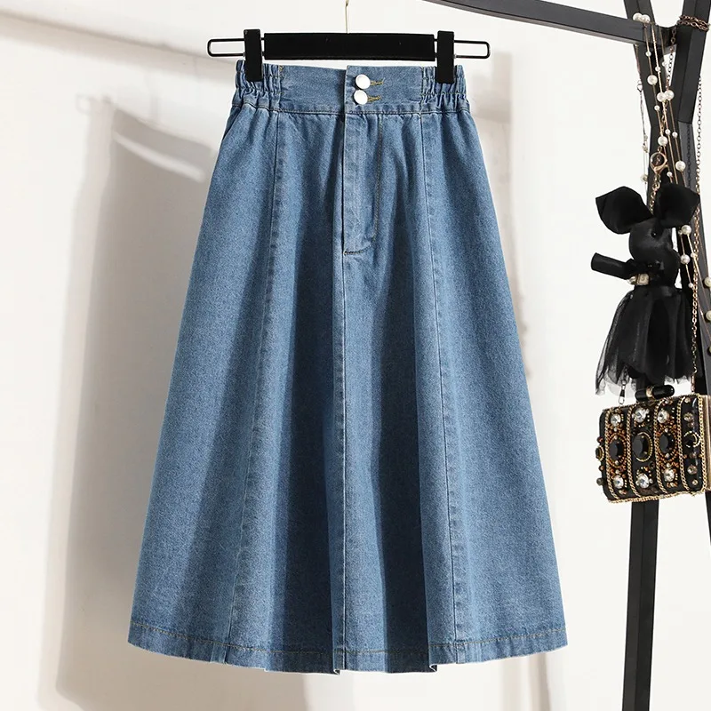 

Women Denim Skirt Spring Summer Elastic High Waist Blue Mid-Length A-Line Skirts Female Loose Casual Skirt