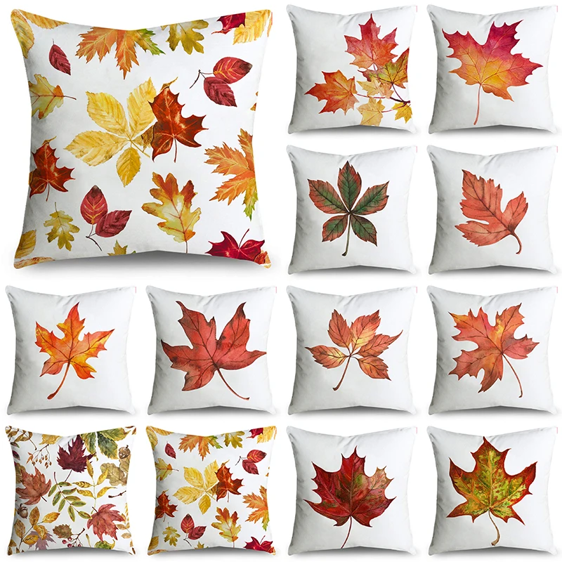 

Fashion Autumn Simple Maple Leaves Decorative White Throw Pillowcase Cushion Covers For Sofa Office Bedroom Decor Multiple Size